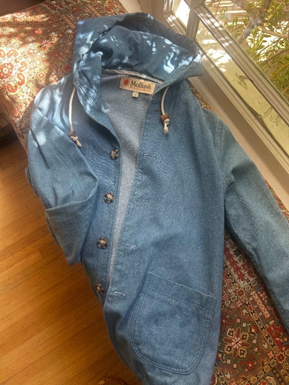 mollusk chambray hooded chore jacket size small